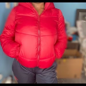 Red puffer jacket